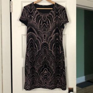 Black and rose gold sparkle knee length dress